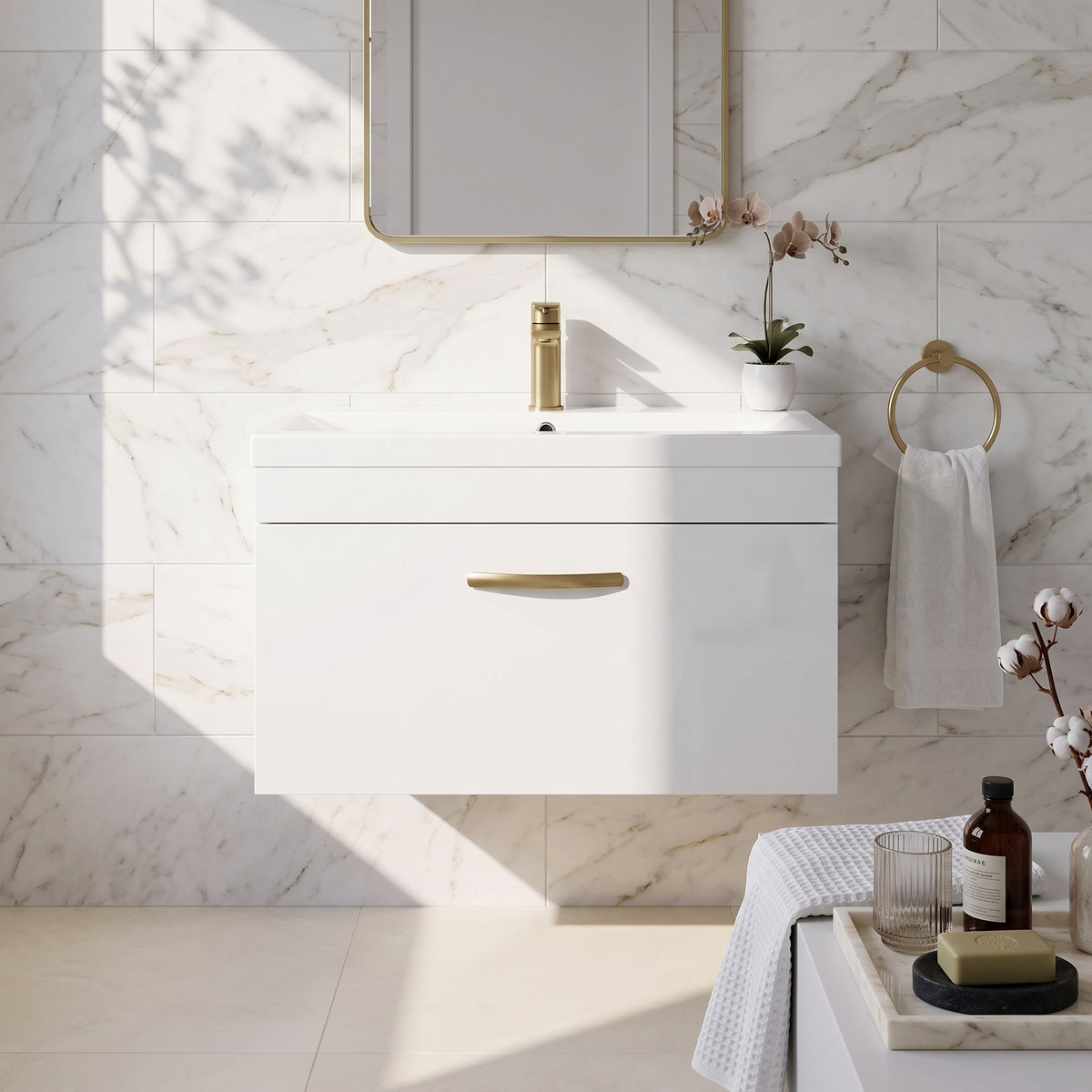 Fairford Carnation 800mm Gloss White Wall Hung 1 Drawer Vanity Unit
