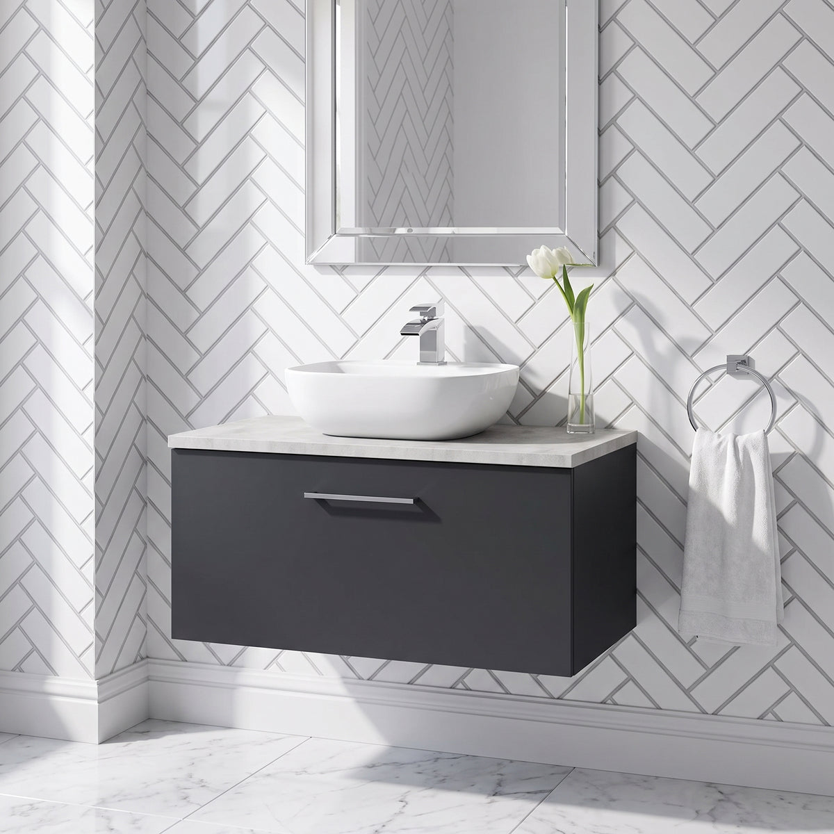 Fairford Aspri Soft Black 800mm 1 Drawer Wall Hung Vanity Unit with Worktop