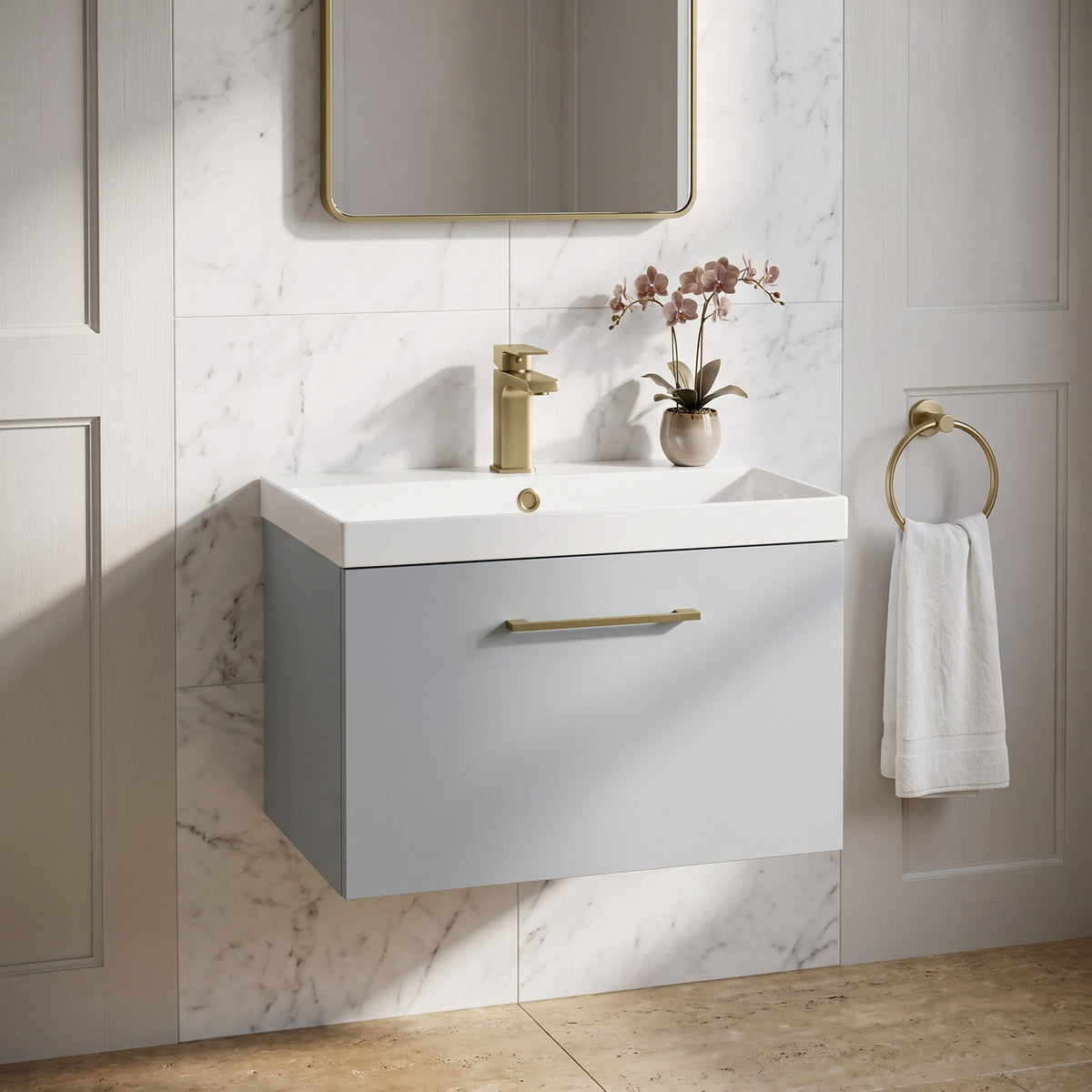 Fairford Aspri Satin Grey 600mm 1 Drawer Wall Hung Vanity Unit
