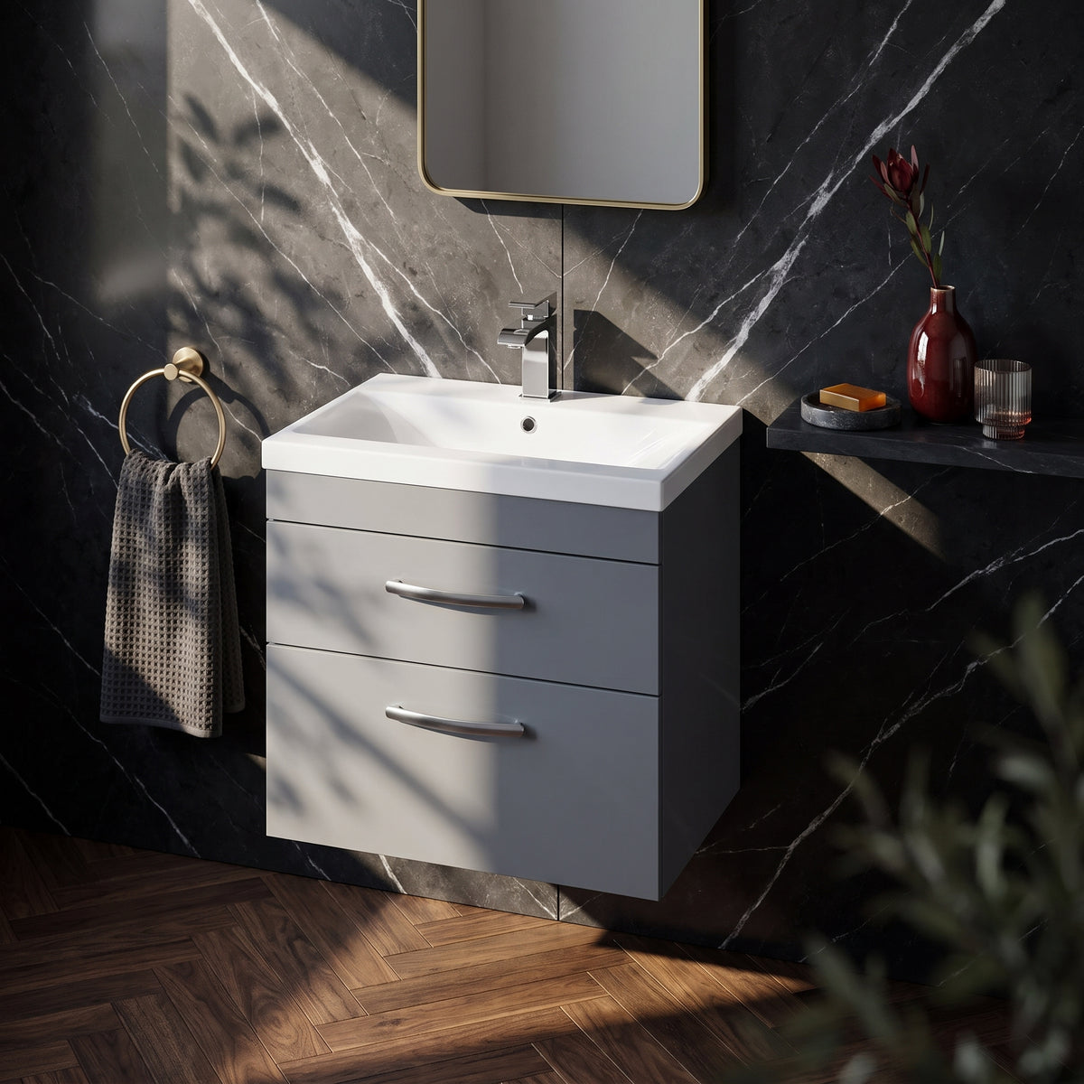Fairford Carnation 600mm Gloss Grey Wall Hung 2 Drawer Vanity Unit