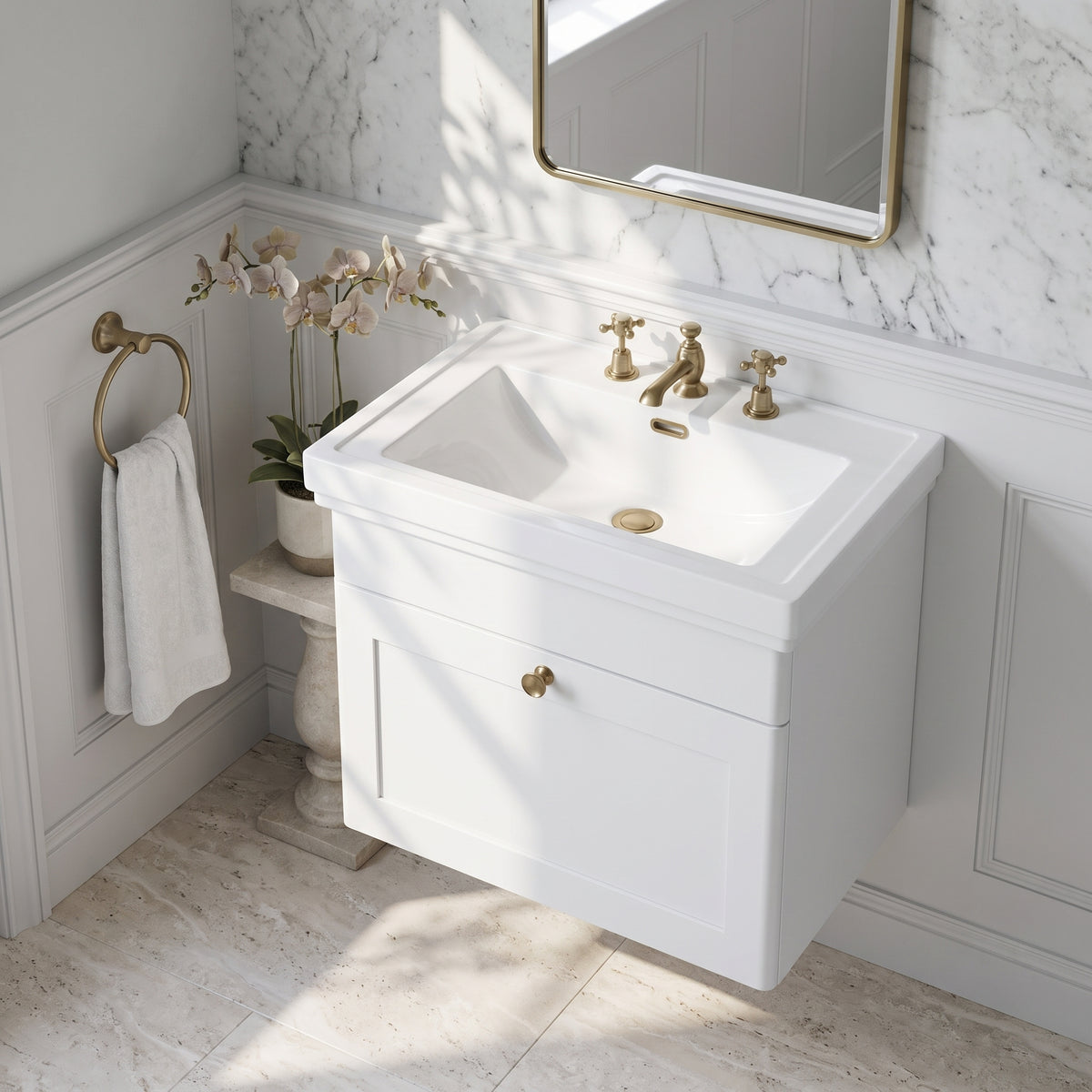 Fairford Laurel 600mm Wall Hung Satin White Vanity Unit - 3 Tap Hole