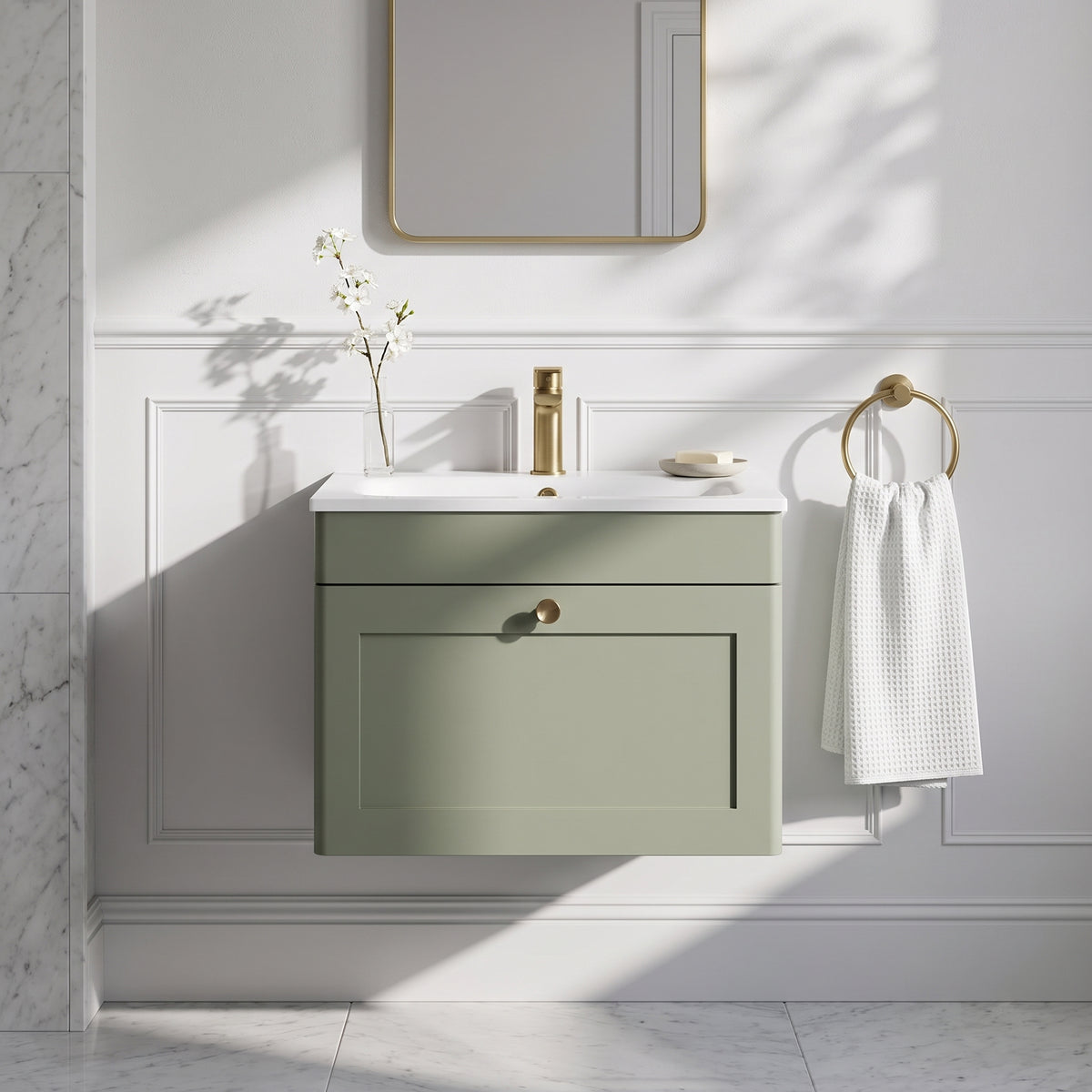 Fairford Laurel Satin Green 600mm 1 Drawer Wall Hung Vanity Unit with Stone Basin