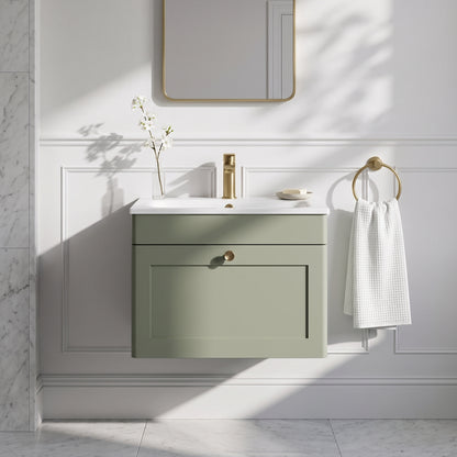 Fairford Laurel Satin Green 600mm 1 Drawer Wall Hung Vanity Unit with Stone Basin