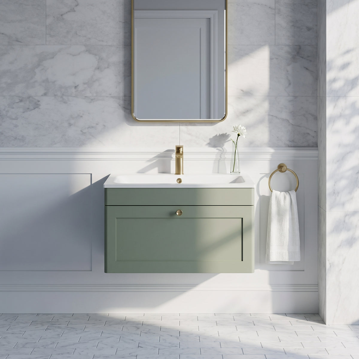 Fairford Laurel Satin Green 800mm 1 Drawer Wall Hung Vanity Unit with Stone Basin