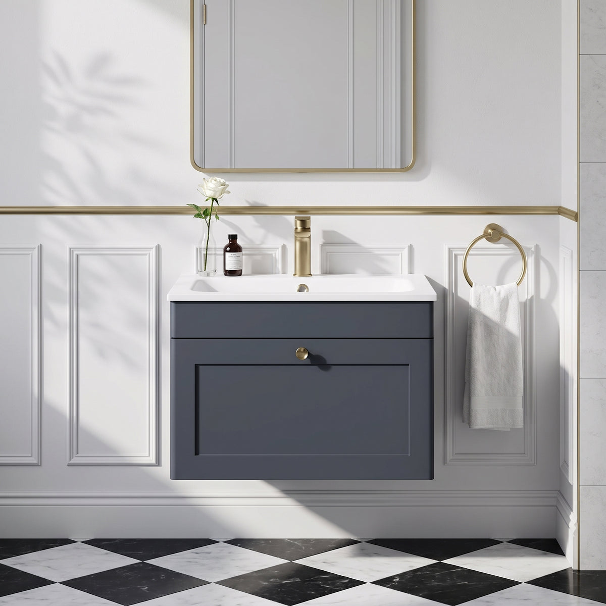 Fairford Laurel Soft Black 600mm 1 Drawer Wall Hung Vanity Unit with Stone Basin