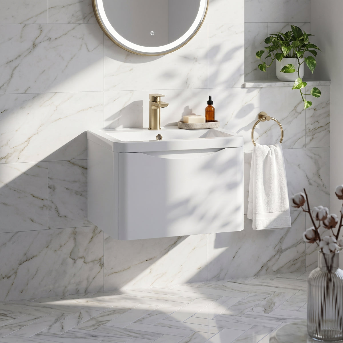 Fairford Eclipse 600mm 1 Drawer Satin White Wall Hung Vanity Unit