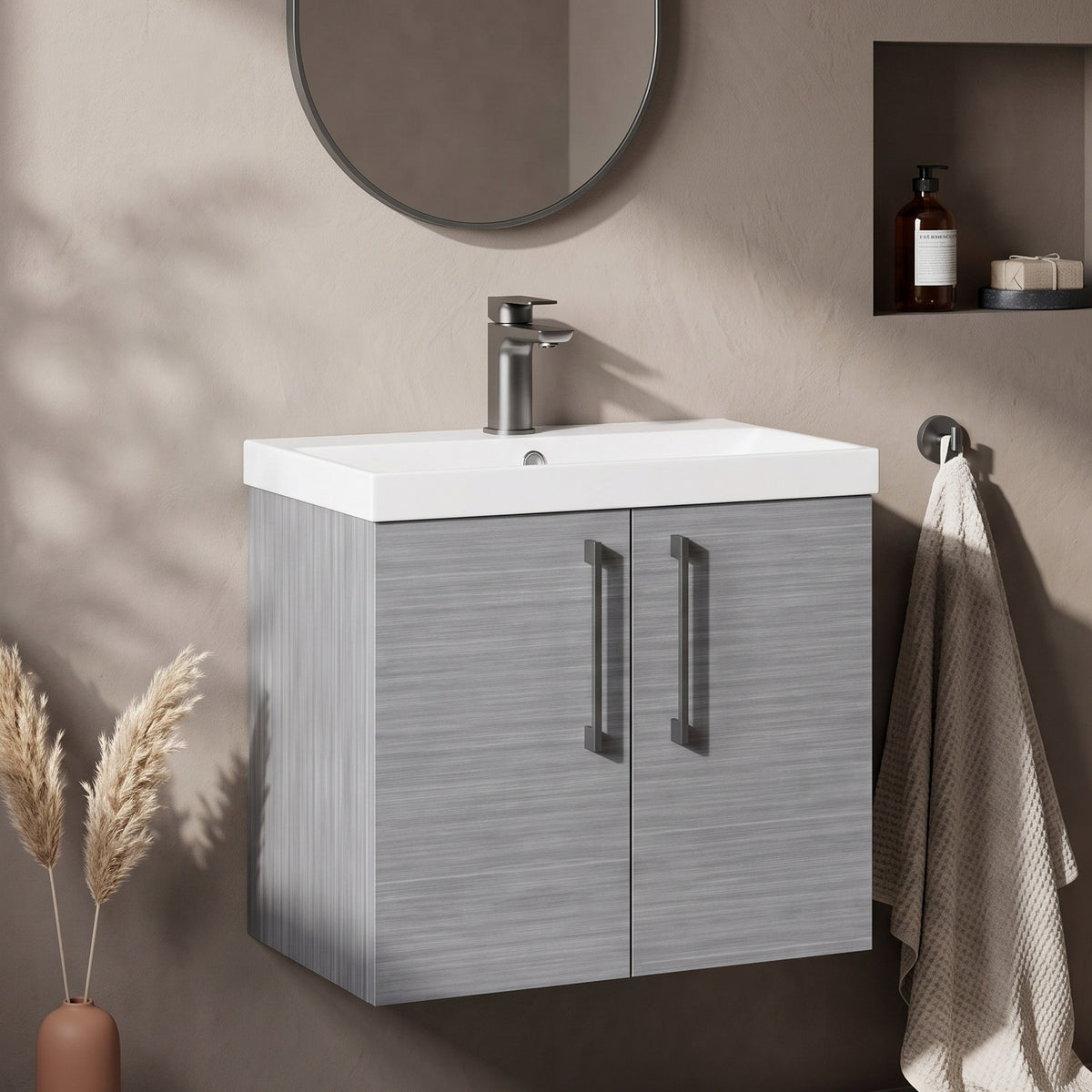 Fairford Aspri Grey Woodgrain 600mm 2 Door Wall Hung Vanity Unit