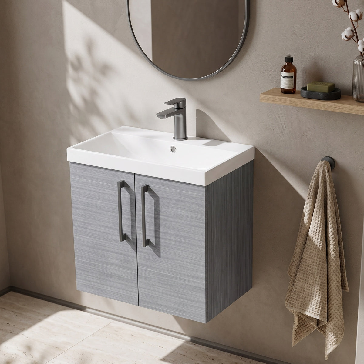 Fairford Aspri Grey Woodgrain 600mm 2 Door Wall Hung Vanity Unit