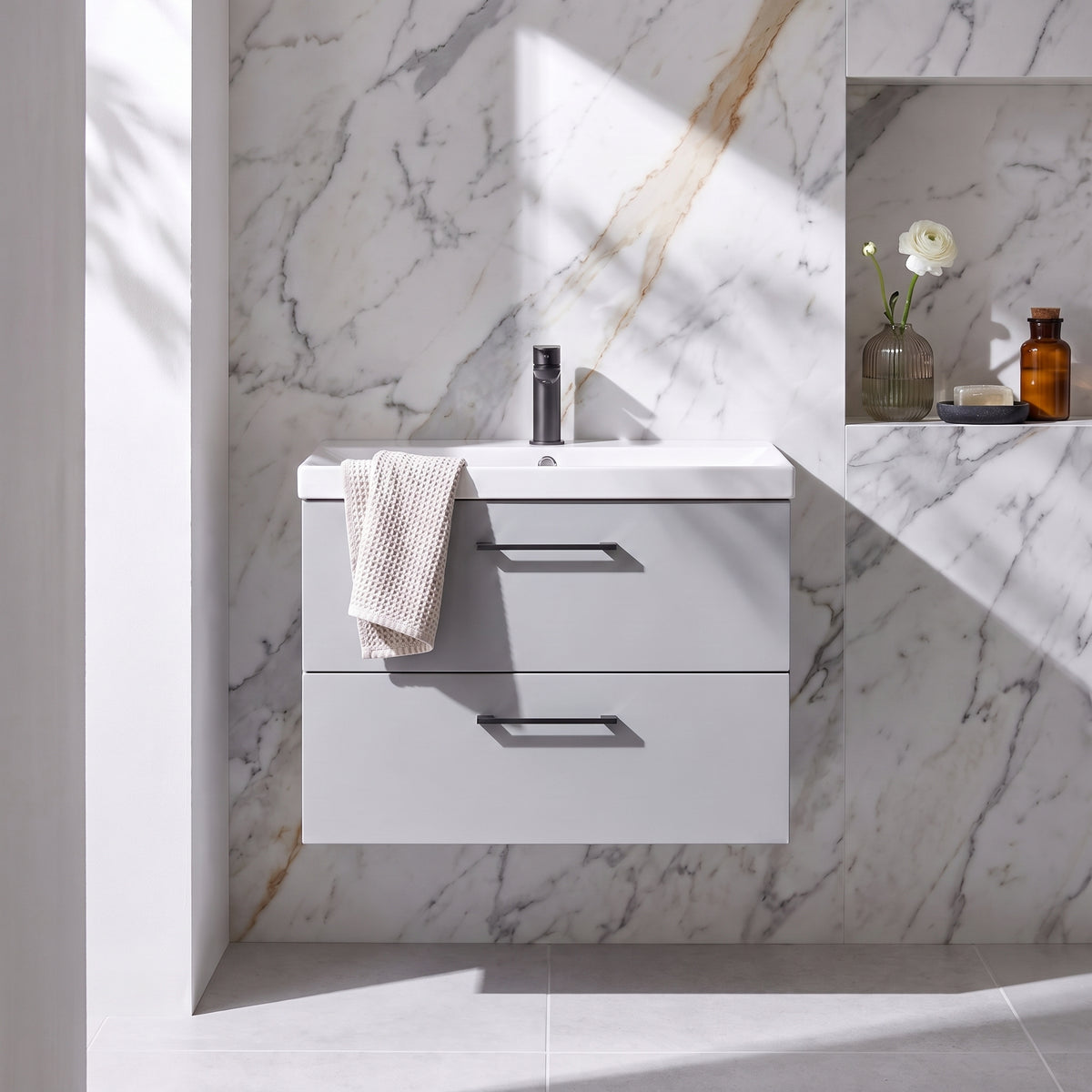 Fairford Aspri Satin Grey 800mm 2 Drawer Wall Hung Vanity Unit