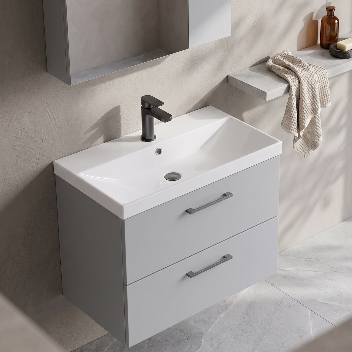 Fairford Aspri Satin Grey 800mm 2 Drawer Wall Hung Vanity Unit