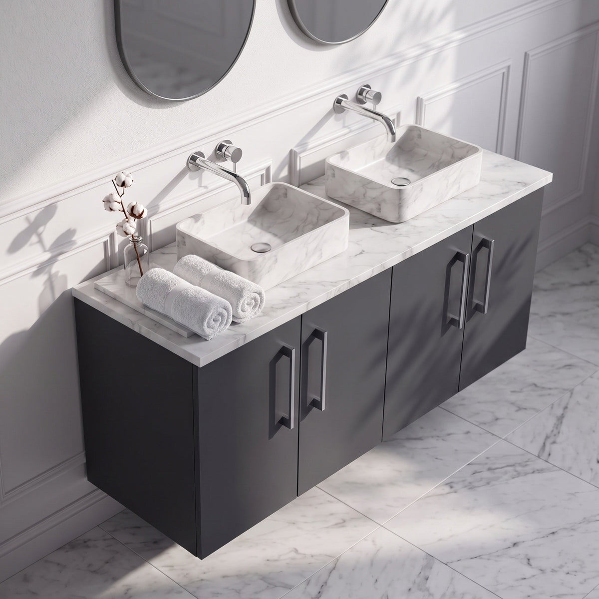 Fairford Aspri Soft Black 1200mm 4 Door Wall Hung Vanity Unit with Worktop