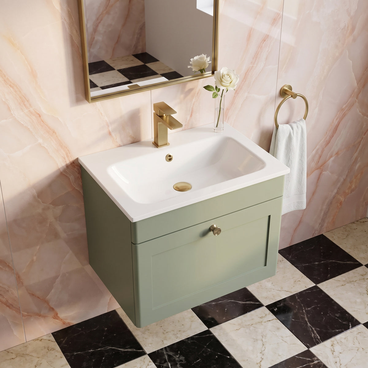 Fairford Laurel Satin Green 600mm 1 Drawer Wall Hung Vanity Unit with Stone Basin