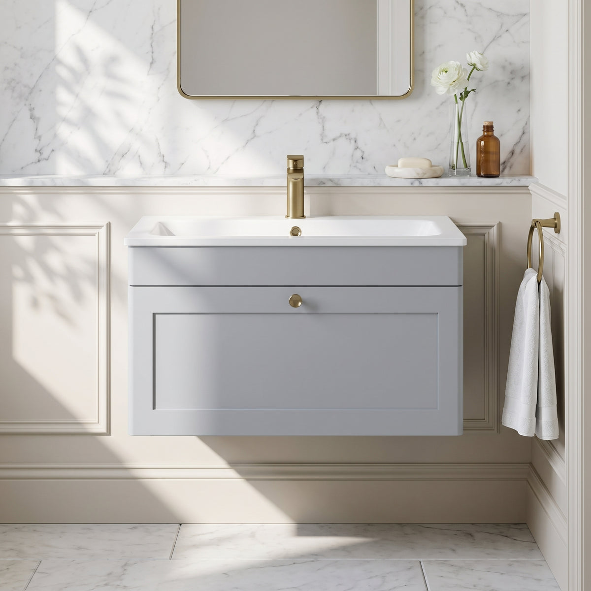 Fairford Laurel Satin Grey 800mm 1 Drawer Wall Hung Vanity Unit with Stone Basin