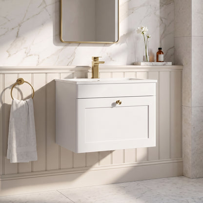 Fairford Laurel Satin White 600mm 1 Drawer Wall Hung Vanity Unit with Stone Basin