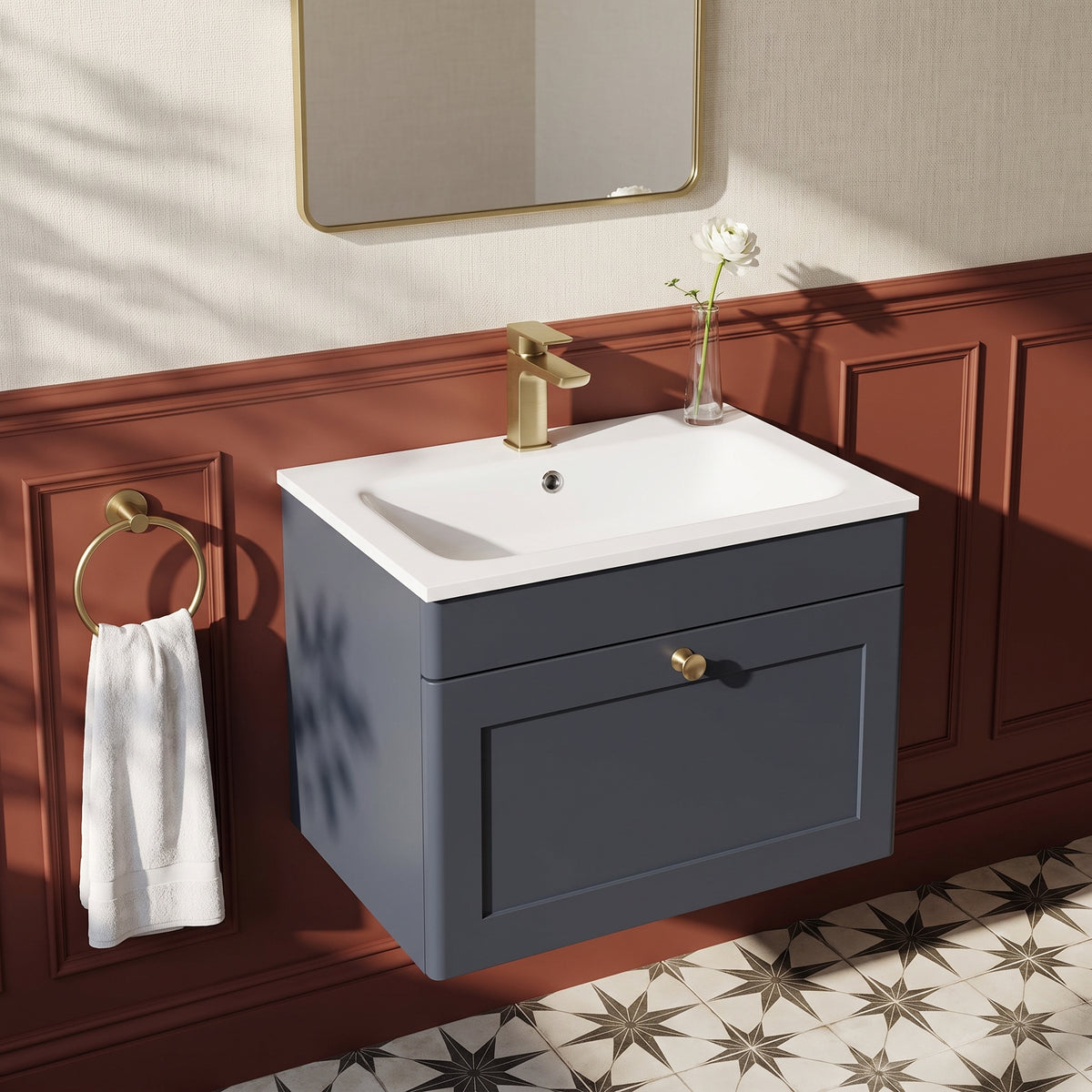 Fairford Laurel Soft Black 600mm 1 Drawer Wall Hung Vanity Unit with Stone Basin