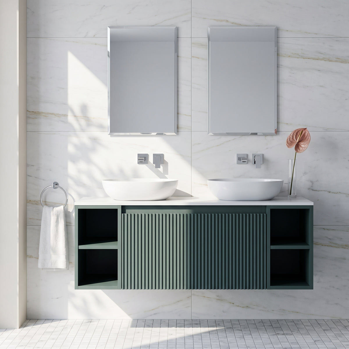 Fairford Sophia Smoked Sage 1000mm Wall Hung Vanity Unit with Double Storage and Worktop