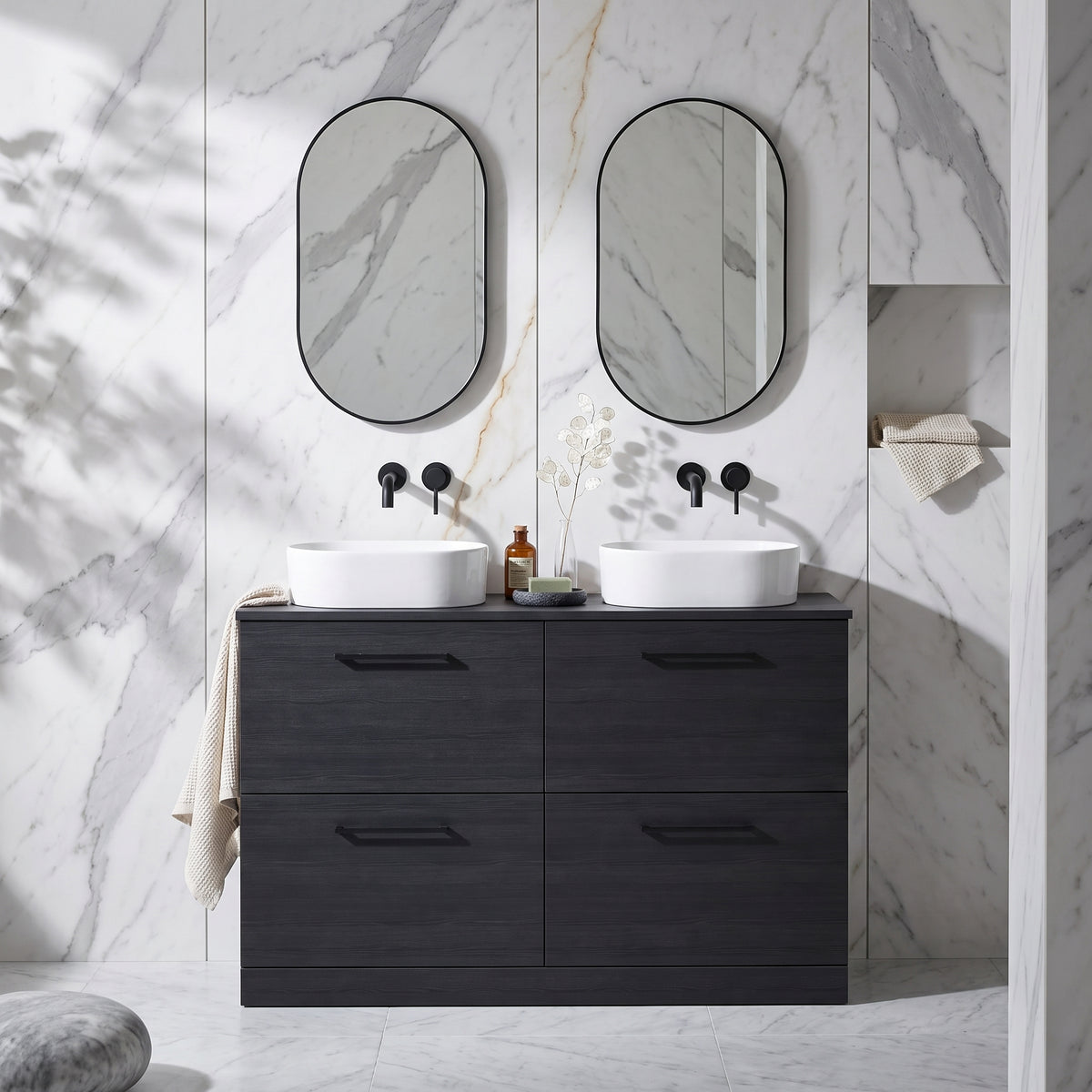 Fairford Aspri Black Woodgrain 1200mm 4 Drawer Floorstanding Vanity Unit with Worktop