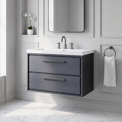 Fairford Tisse Graphite Grey Woodgrain 800mm 2 Drawer Wall Hung Vanity Unit with 3 Tap Hole Basin