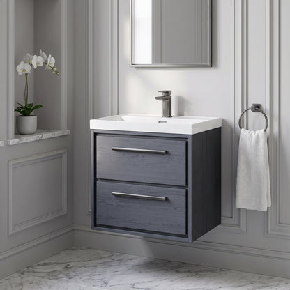 Fairford Tisse Graphite Grey Woodgrain 600mm 2 Drawer Wall Hung Vanity Unit with Thin Edged Basin