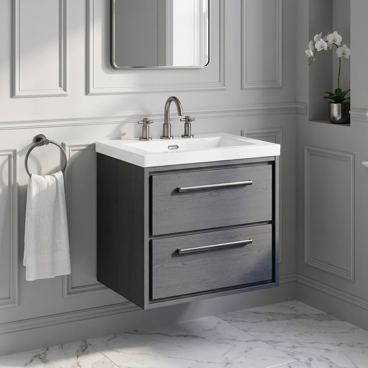 Fairford Tisse Graphite Grey Woodgrain 600mm 2 Drawer Wall Hung Vanity Unit with 3 Tap Hole Basin