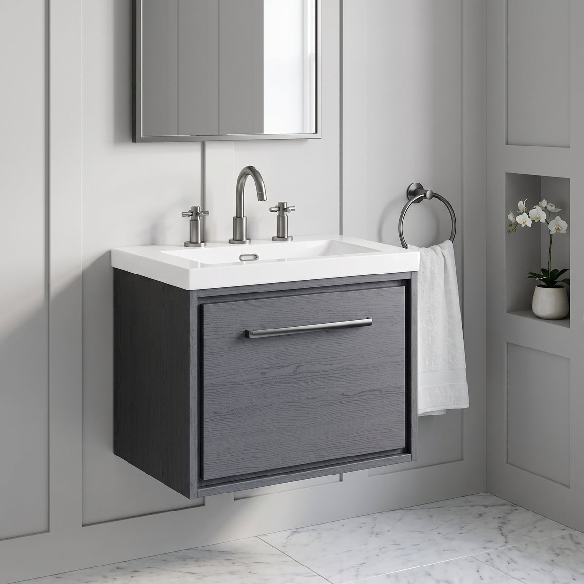 Fairford Tisse Graphite Grey Woodgrain 600mm 1 Drawer Wall Hung Vanity Unit with 3 Tap Hole Basin