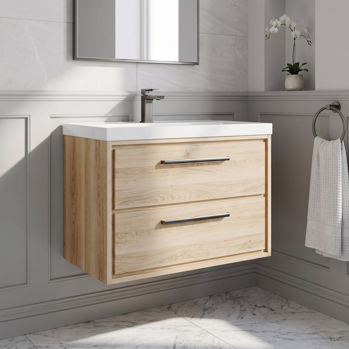 Fairford Tisse Bleached Oak 800mm 2 Drawer Wall Hung Vanity Unit with Thin Edged Basin