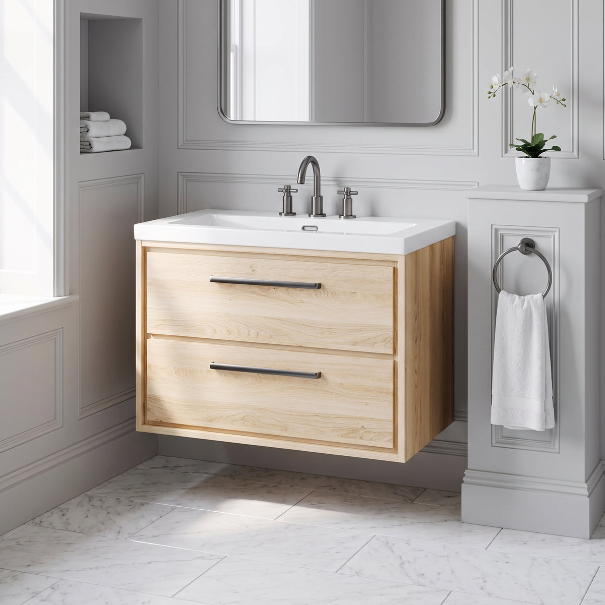Fairford Tisse Bleached Oak 800mm 2 Drawer Wall Hung Vanity Unit with 3 Tap Hole Basin