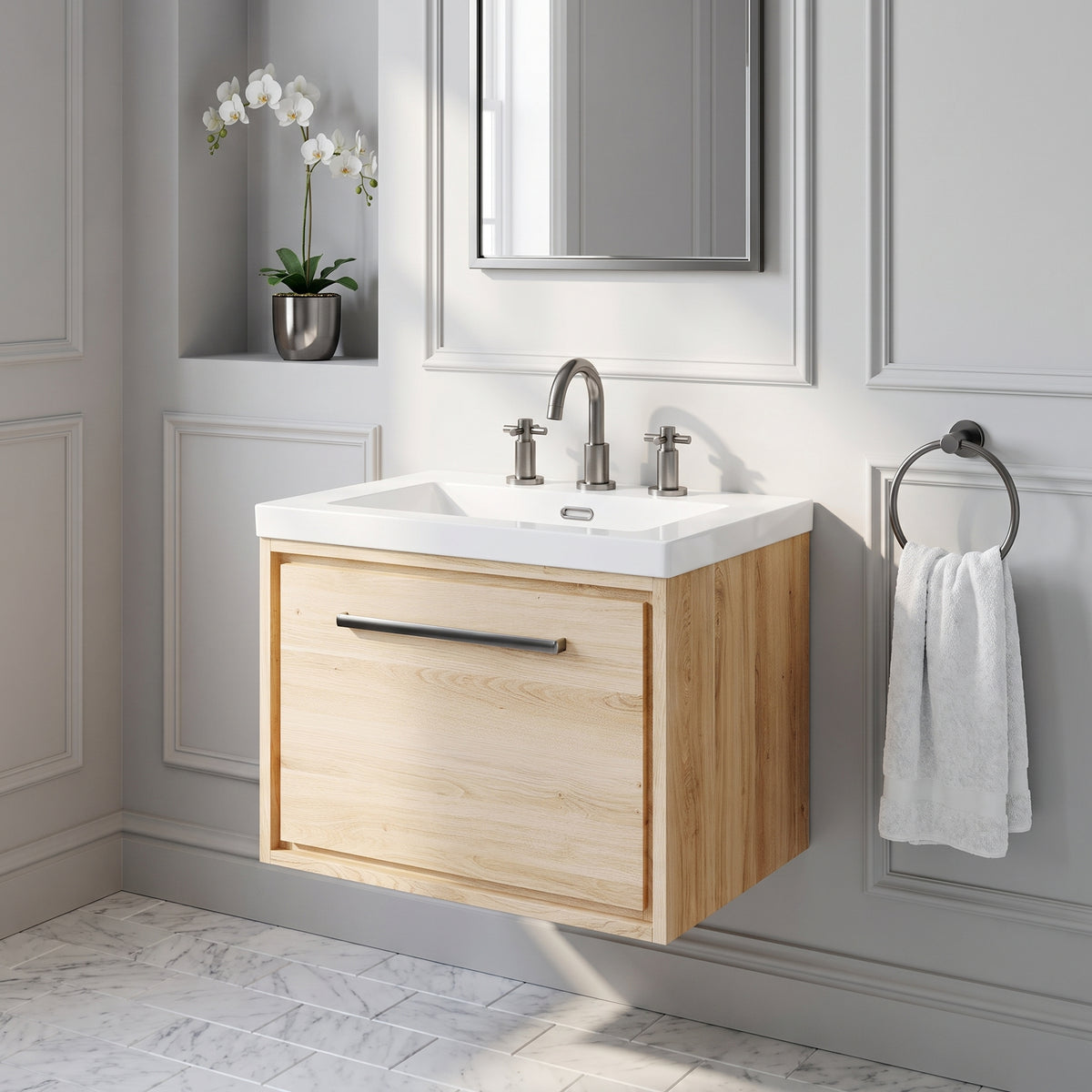 Fairford Tisse Bleached Oak 600mm 1 Drawer Wall Hung Vanity Unit with 3 Tap Hole Basin