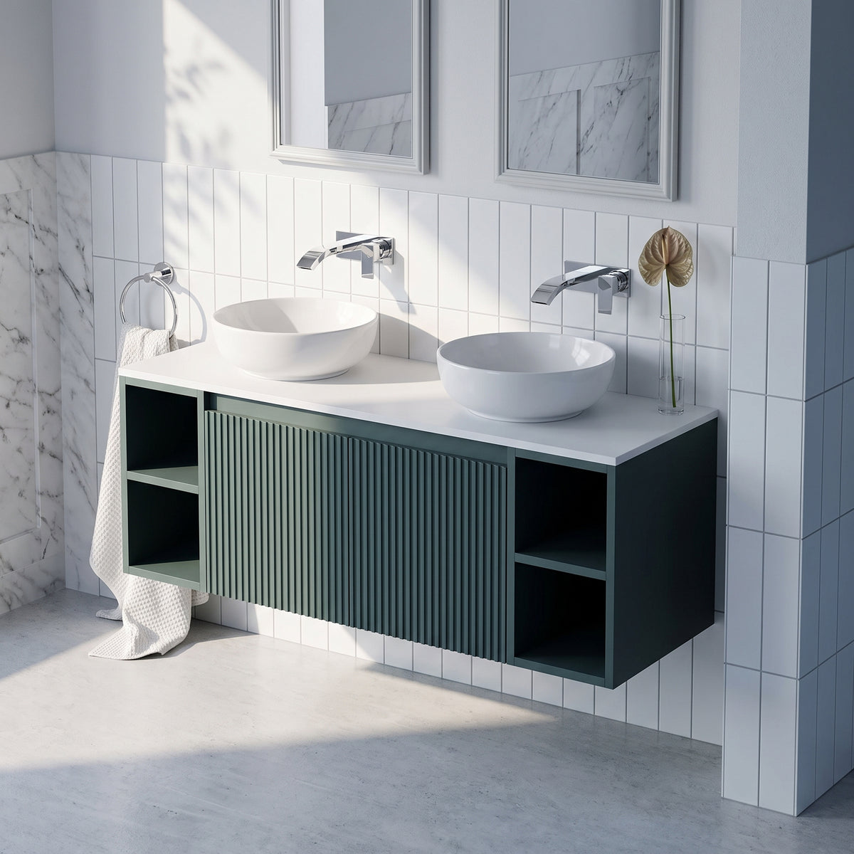 Fairford Sophia Smoked Sage 1000mm Wall Hung Vanity Unit with Double Storage and Worktop