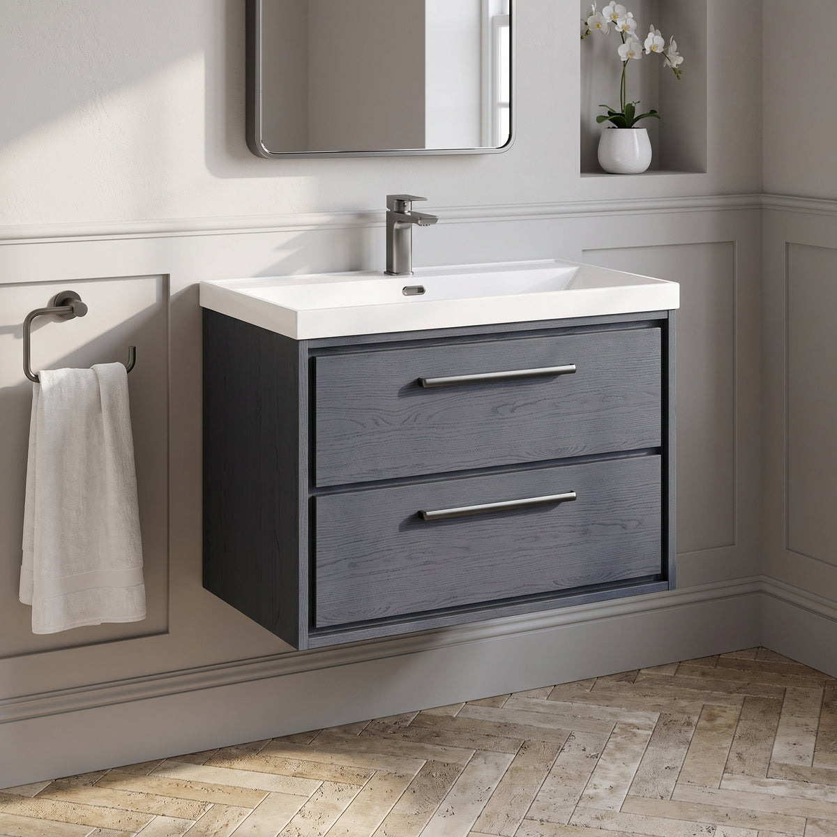 Fairford Tisse Graphite Grey Woodgrain 800mm 2 Drawer Wall Hung Vanity Unit with Thin Edged Basin