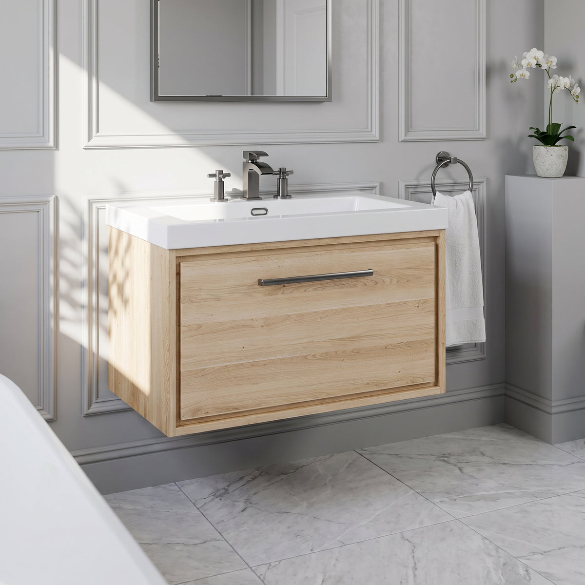 Fairford Tisse Bleached Oak 800mm 1 Drawer Wall Hung Vanity Unit with 3 Tap Hole Basin