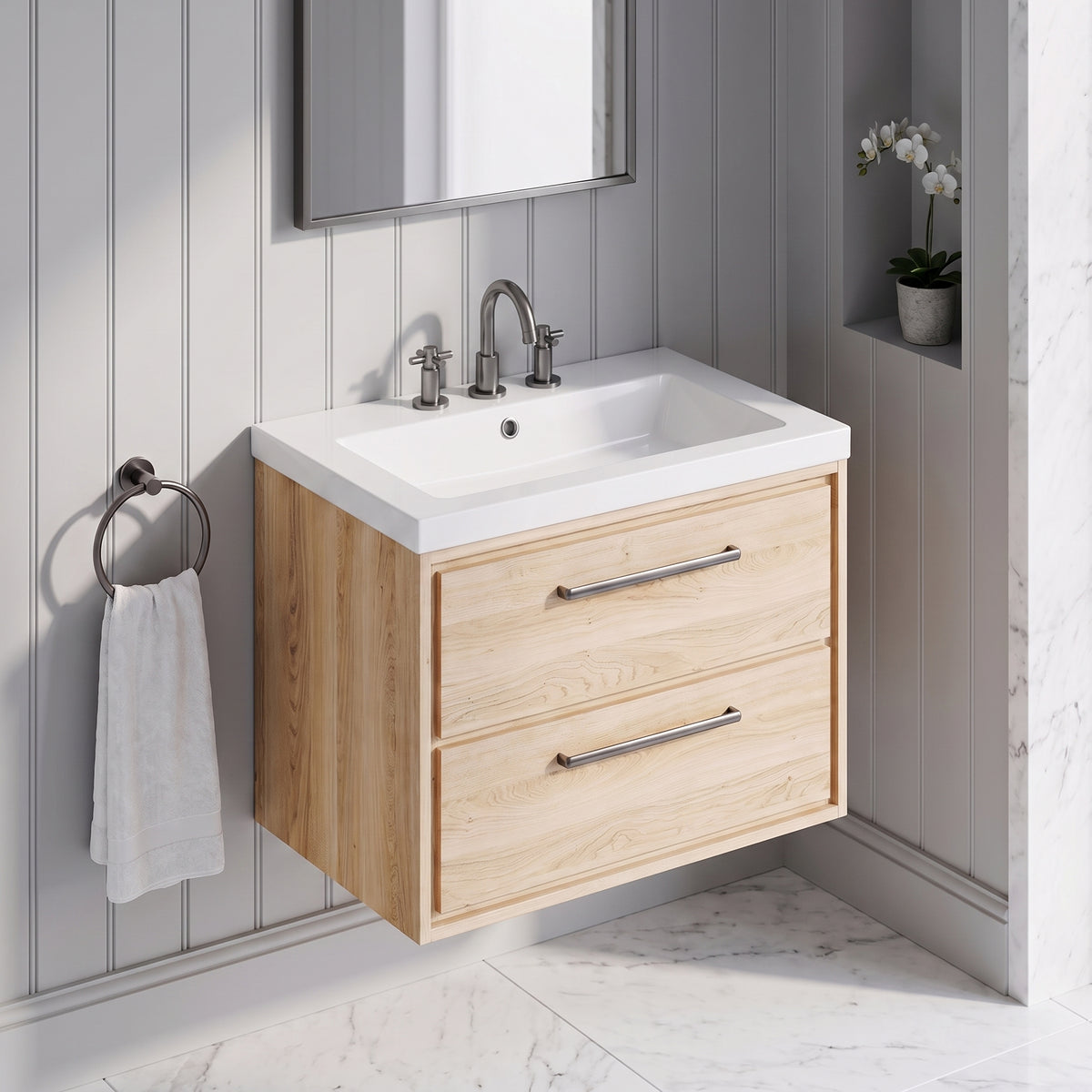 Fairford Tisse Bleached Oak 800mm 2 Drawer Wall Hung Vanity Unit with 3 Tap Hole Basin