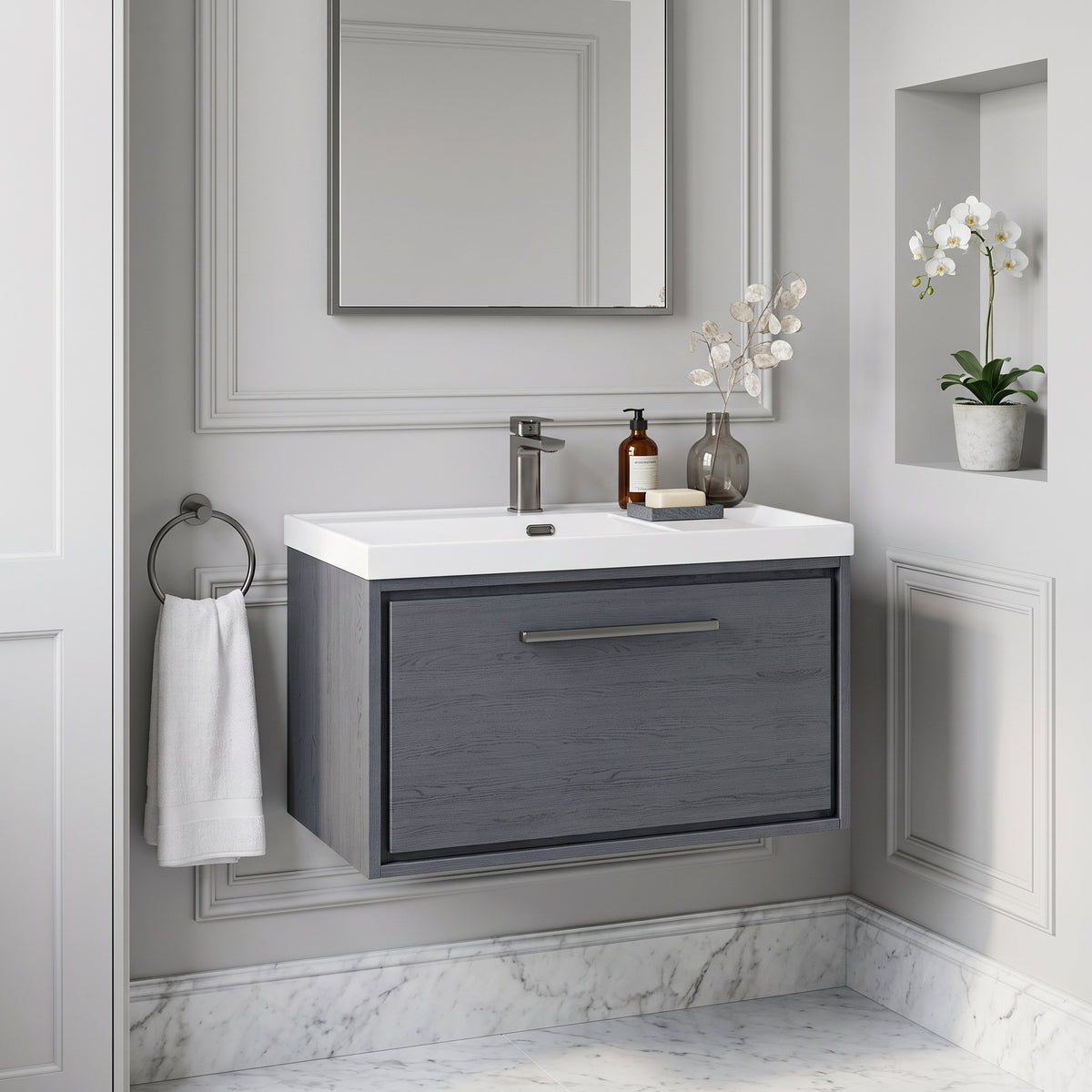 Fairford Tisse Graphite Grey Woodgrain 800mm 1 Drawer Wall Hung Vanity Unit with Thin Edged Basin