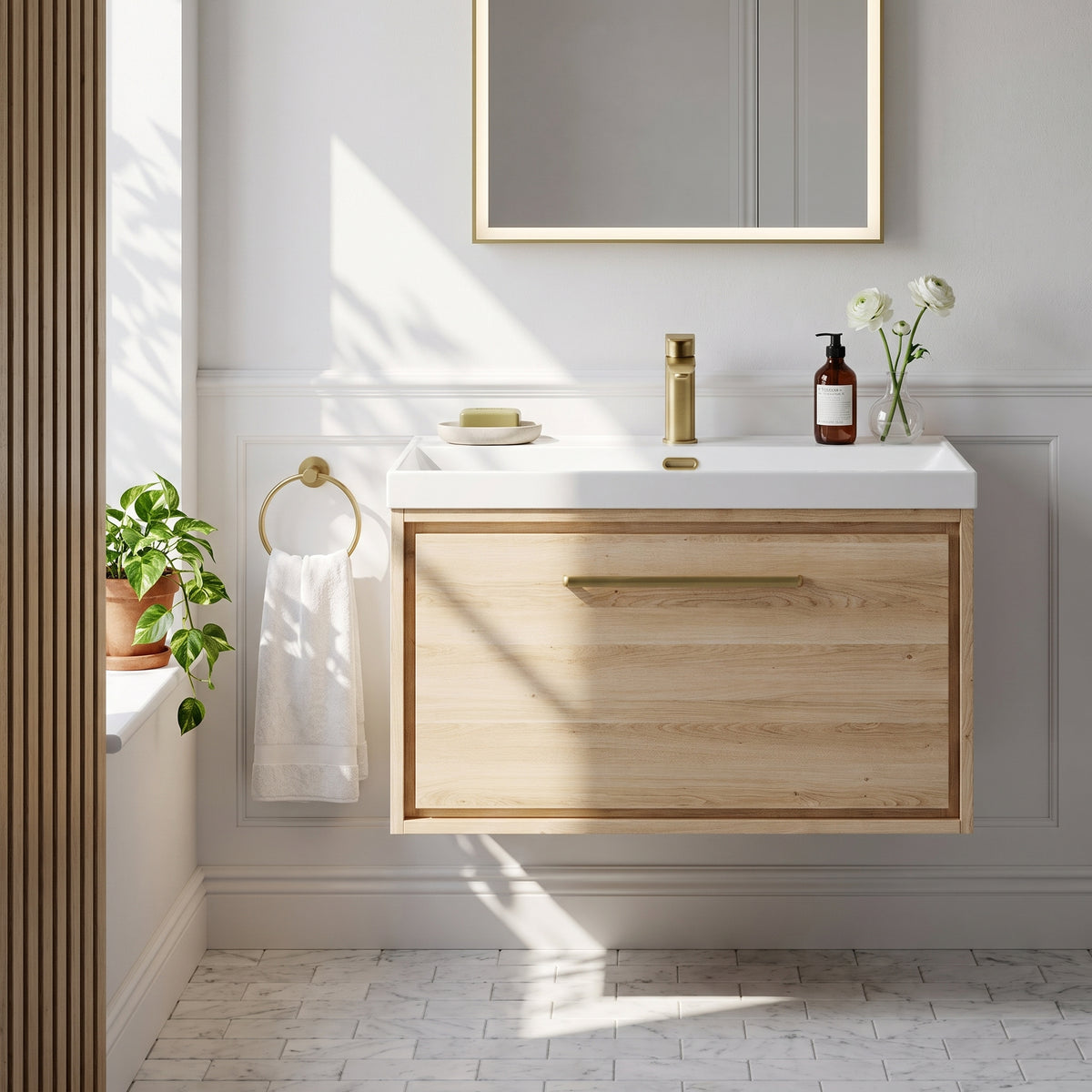 Fairford Tisse Bleached Oak 800mm 1 Drawer Wall Hung Vanity Unit with Thin Edged Basin