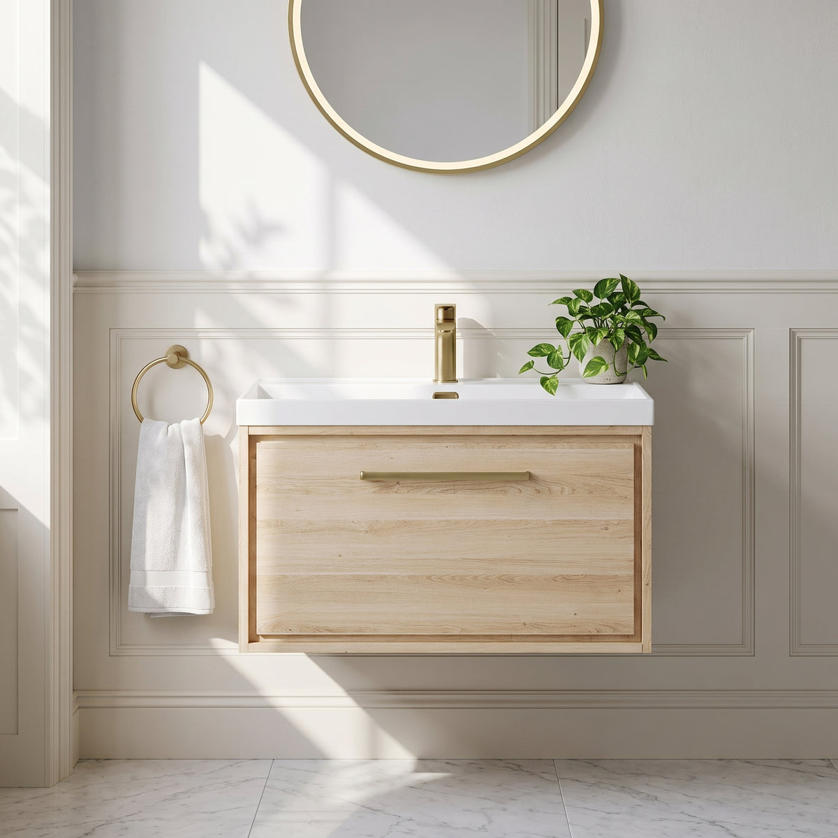 Fairford Tisse Bleached Oak 800mm 1 Drawer Wall Hung Vanity Unit with Thin Edged Basin