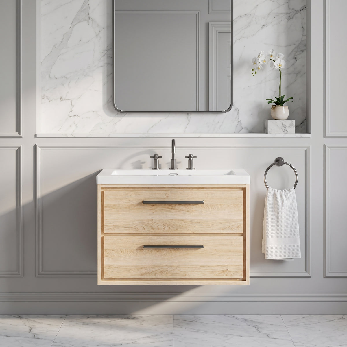 Fairford Tisse Bleached Oak 800mm 2 Drawer Wall Hung Vanity Unit with 3 Tap Hole Basin