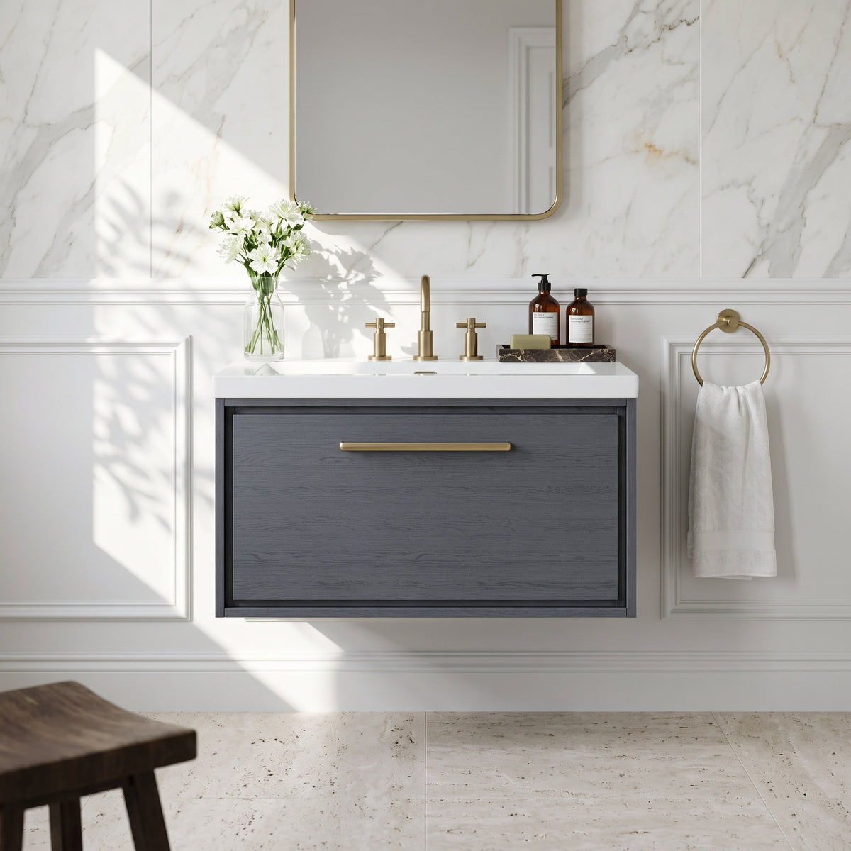 Fairford Tisse Graphite Grey Woodgrain 800mm 1 Drawer Wall Hung Vanity Unit with 3 Tap Hole Basin