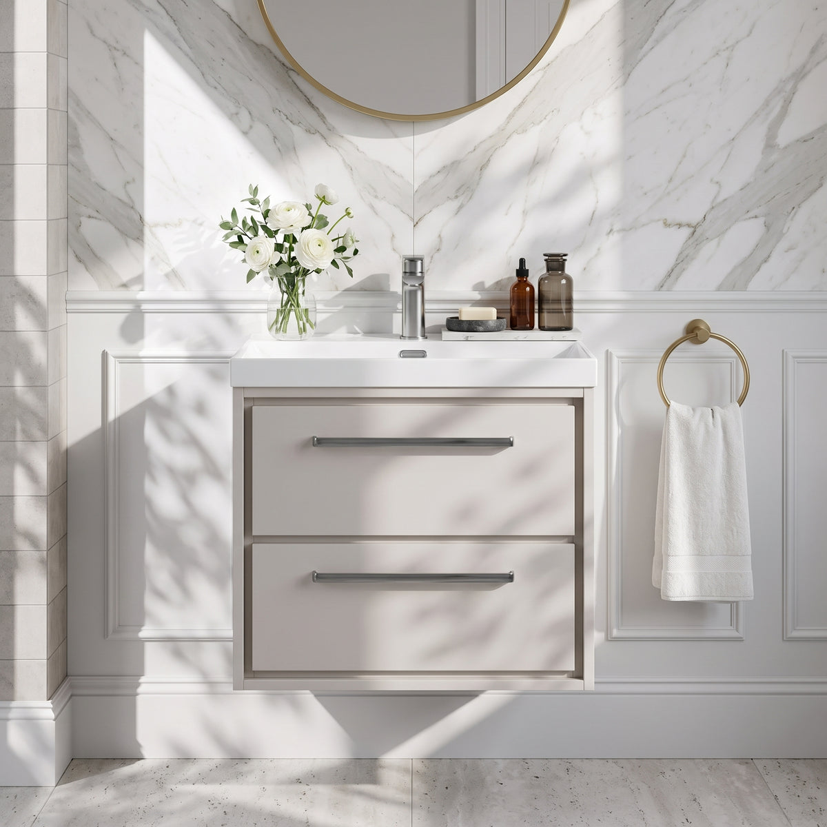 Fairford Tisse Pebble Grey 600mm 2 Drawer Wall Hung Vanity Unit with Thin Edged Basin