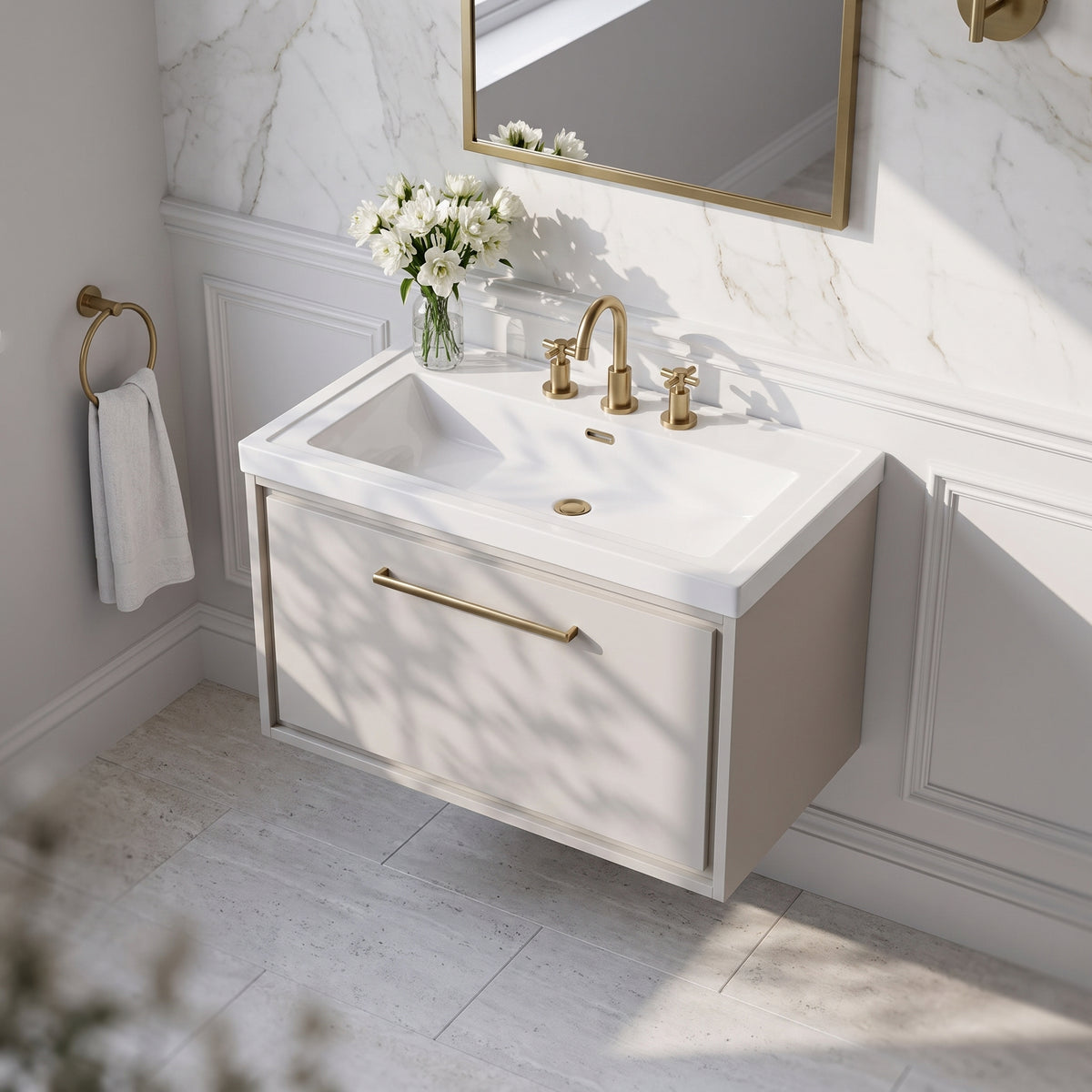 Fairford Tisse Pebble Grey 800mm 1 Drawer Wall Hung Vanity Unit with 3 Tap Hole Basin