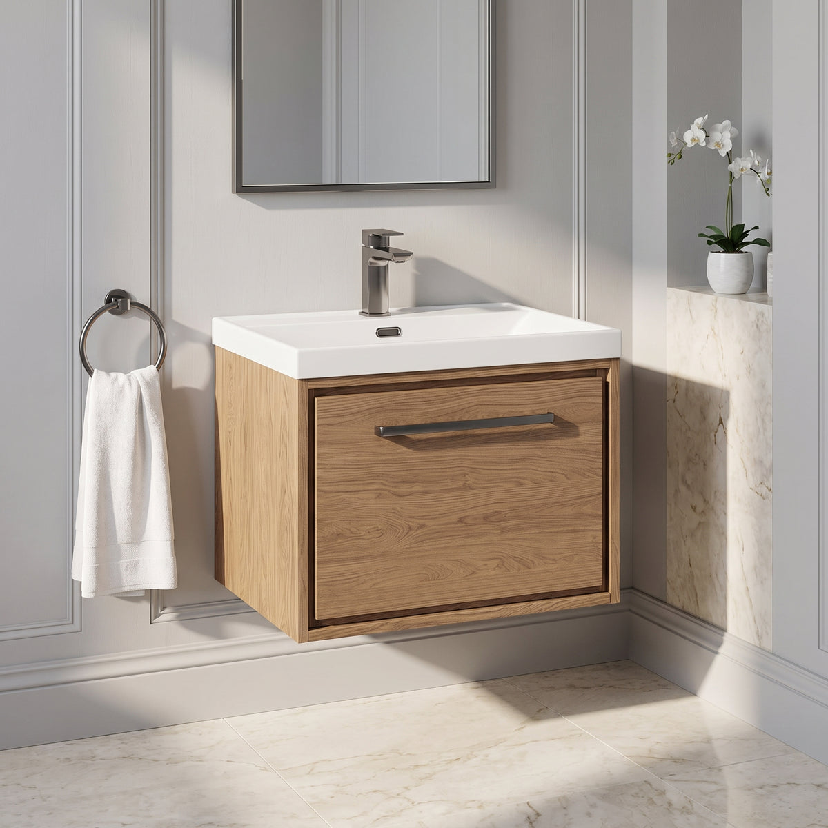 Fairford Tisse Antique Oak 600mm 1 Drawer Wall Hung Vanity Unit with Thin Edged Basin