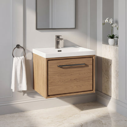 Fairford Tisse Antique Oak 600mm 1 Drawer Wall Hung Vanity Unit with Thin Edged Basin
