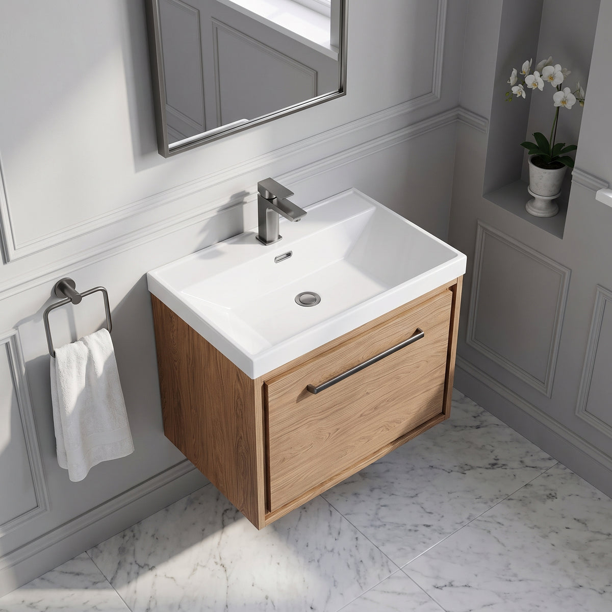 Fairford Tisse Antique Oak 600mm 1 Drawer Wall Hung Vanity Unit with Thin Edged Basin