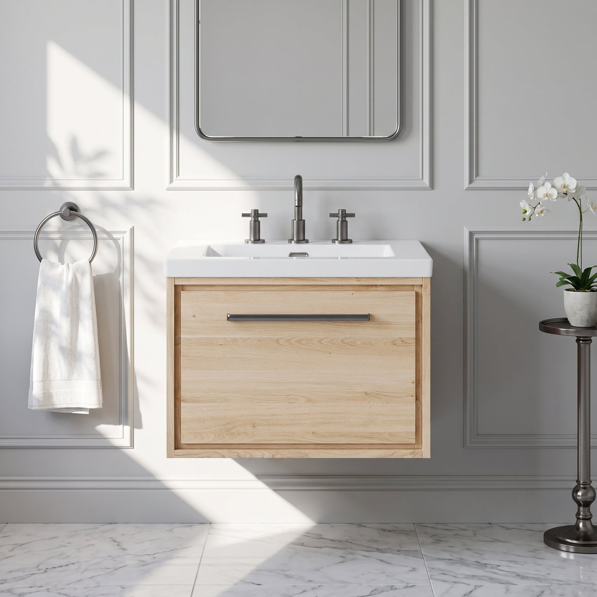 Fairford Tisse Bleached Oak 600mm 1 Drawer Wall Hung Vanity Unit with 3 Tap Hole Basin