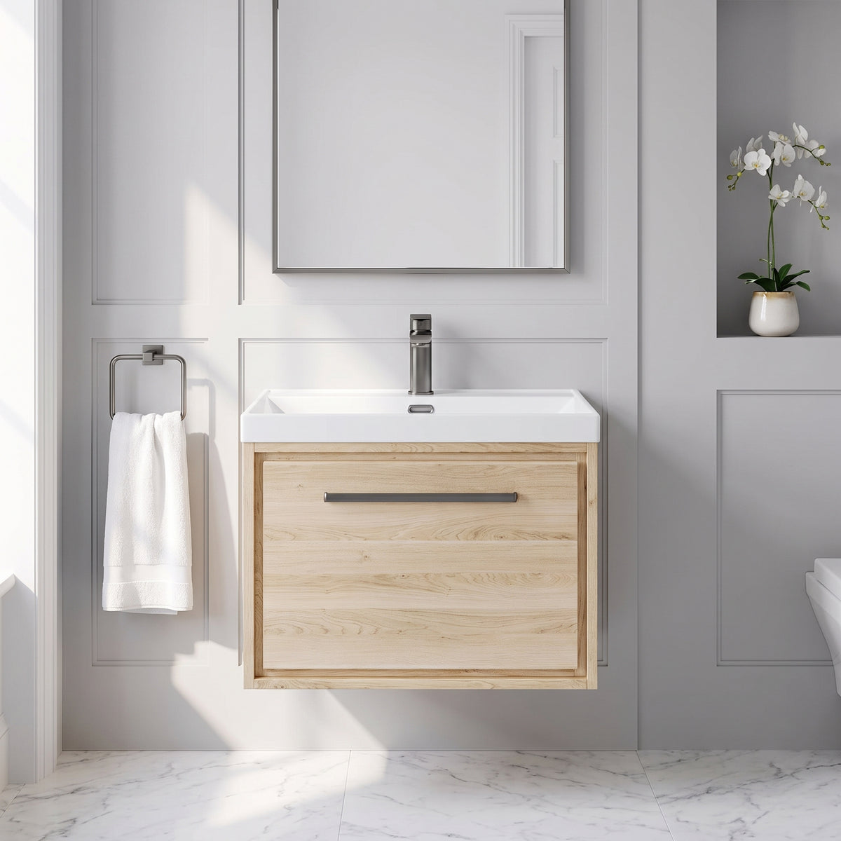 Fairford Tisse Bleached Oak 600mm 1 Drawer Wall Hung Vanity Unit with Thin Edged Basin