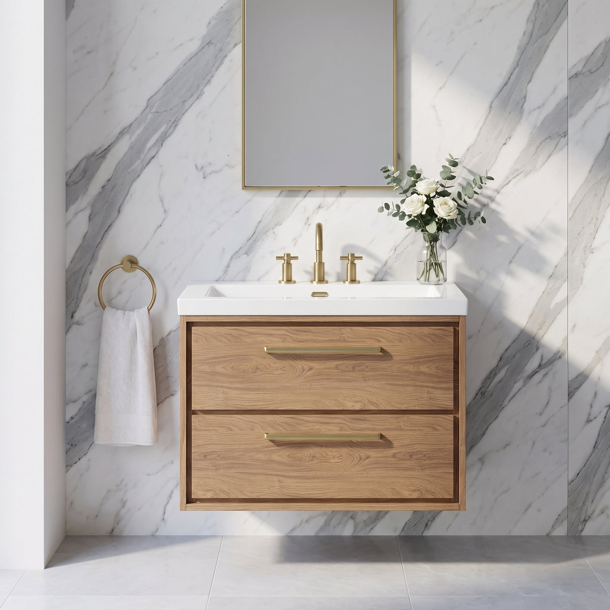 Fairford Tisse Antique Oak 800mm 2 Drawer Wall Hung Vanity Unit with 3 Tap Hole Basin