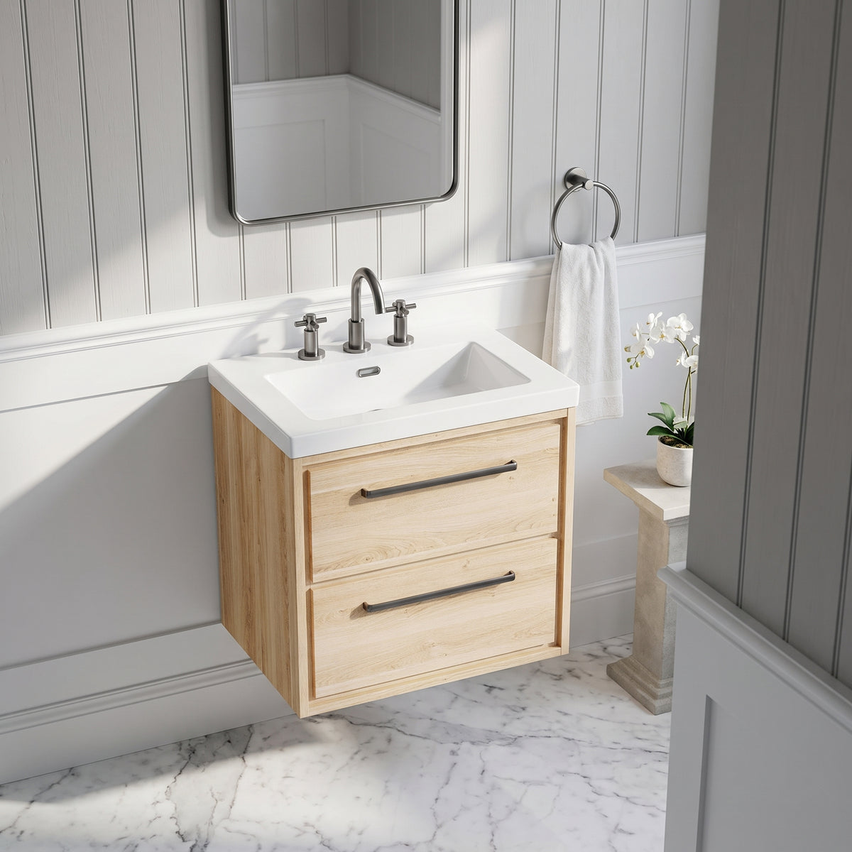Fairford Tisse Bleached Oak 600mm 2 Drawer Wall Hung Vanity Unit with 3 Tap Hole Basin