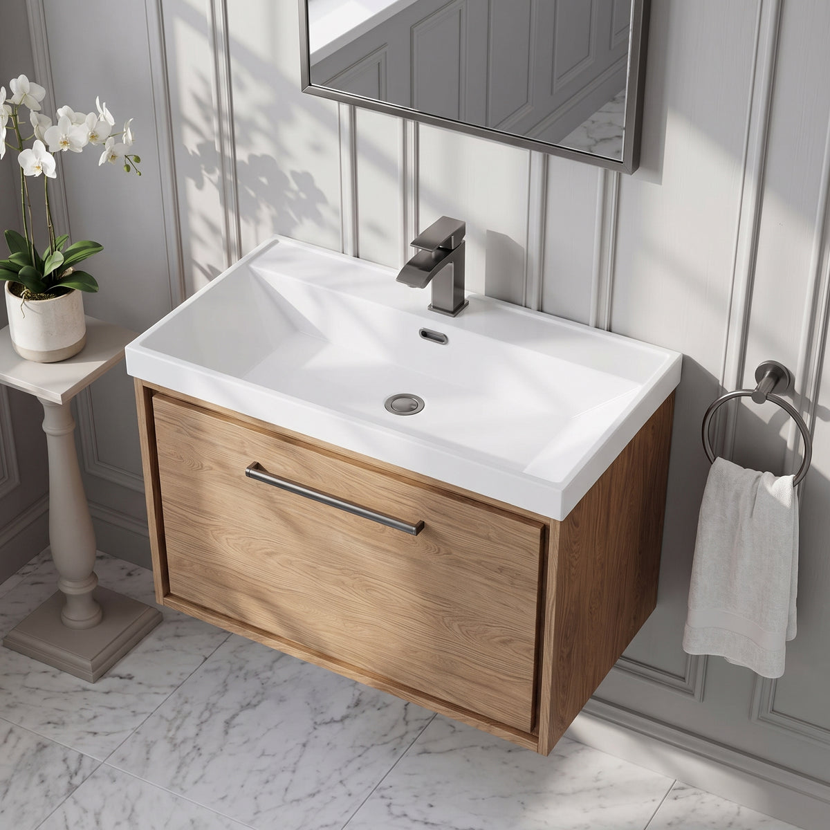 Fairford Tisse Antique Oak 800mm 1 Drawer Wall Hung Vanity Unit with Thin Edged Basin
