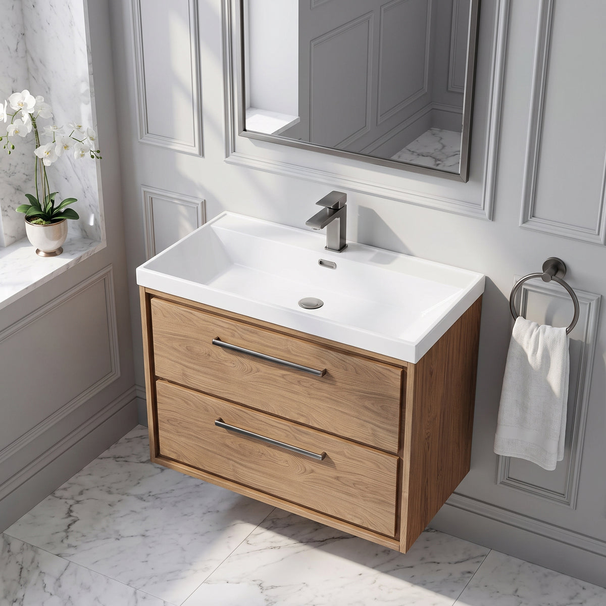 Fairford Tisse Antique Oak 800mm 2 Drawer Wall Hung Vanity Unit with Thin Edged Basin