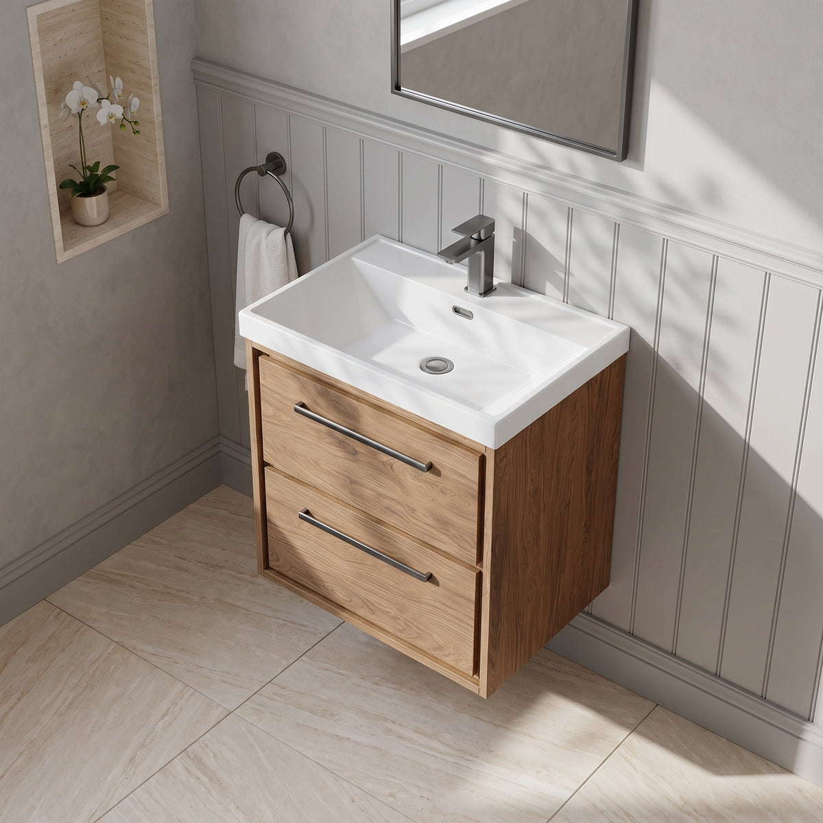 Fairford Tisse Antique Oak 600mm 2 Drawer Wall Hung Vanity Unit with Thin Edged Basin