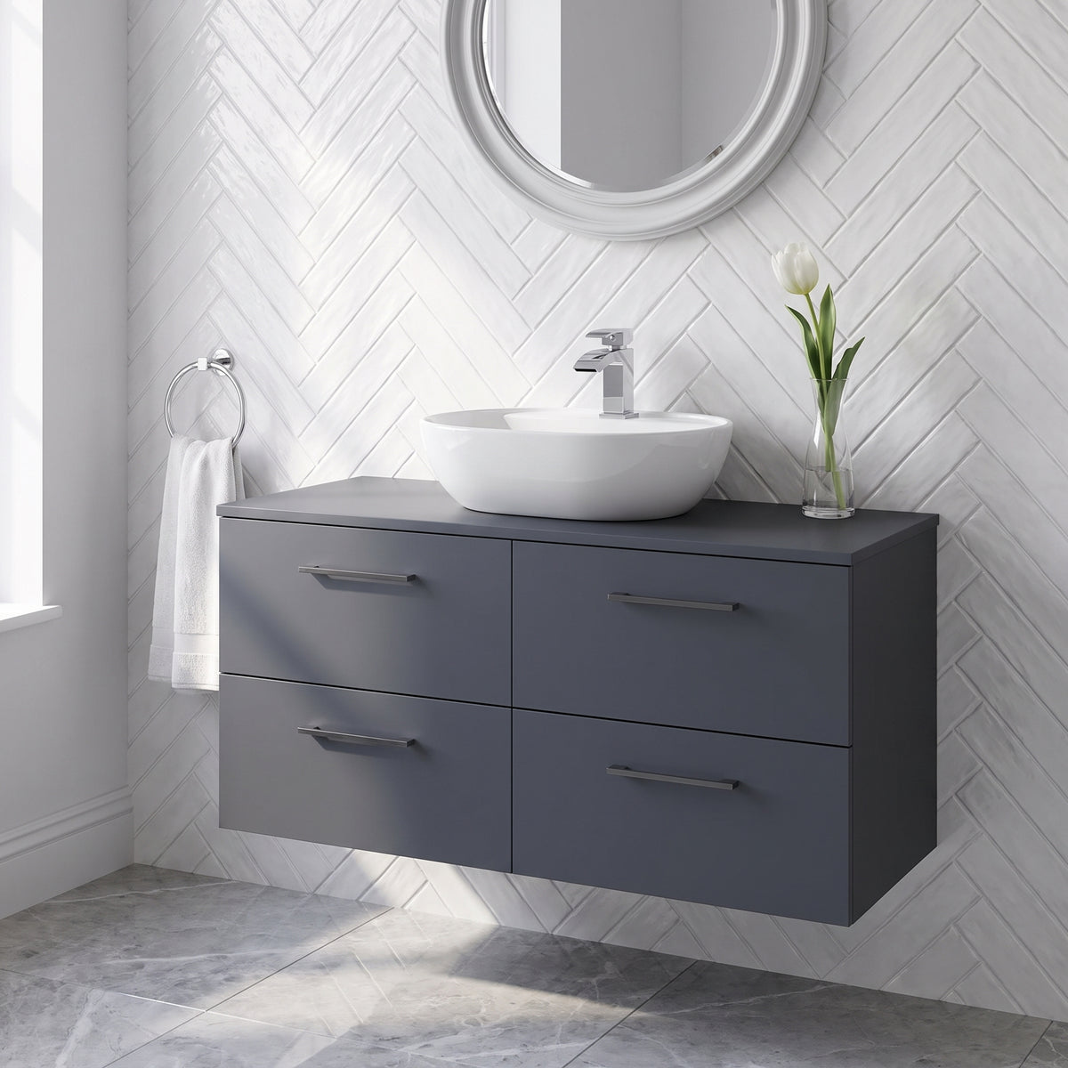 Fairford Aspri Soft Black 1200mm 4 Drawer Wall Hung Vanity Unit with Worktop